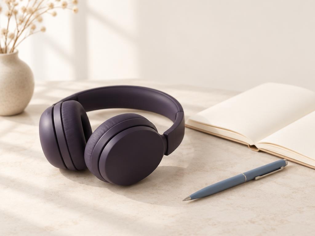 Aubergine headphones resting beside an open notebook and a dusty blue pen