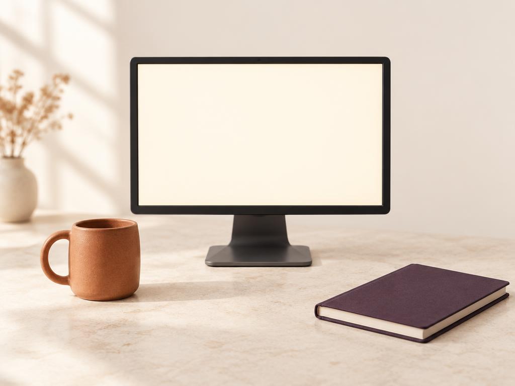 A small monitor with a blank glowing screen beside a clay mug and an aubergine notebook